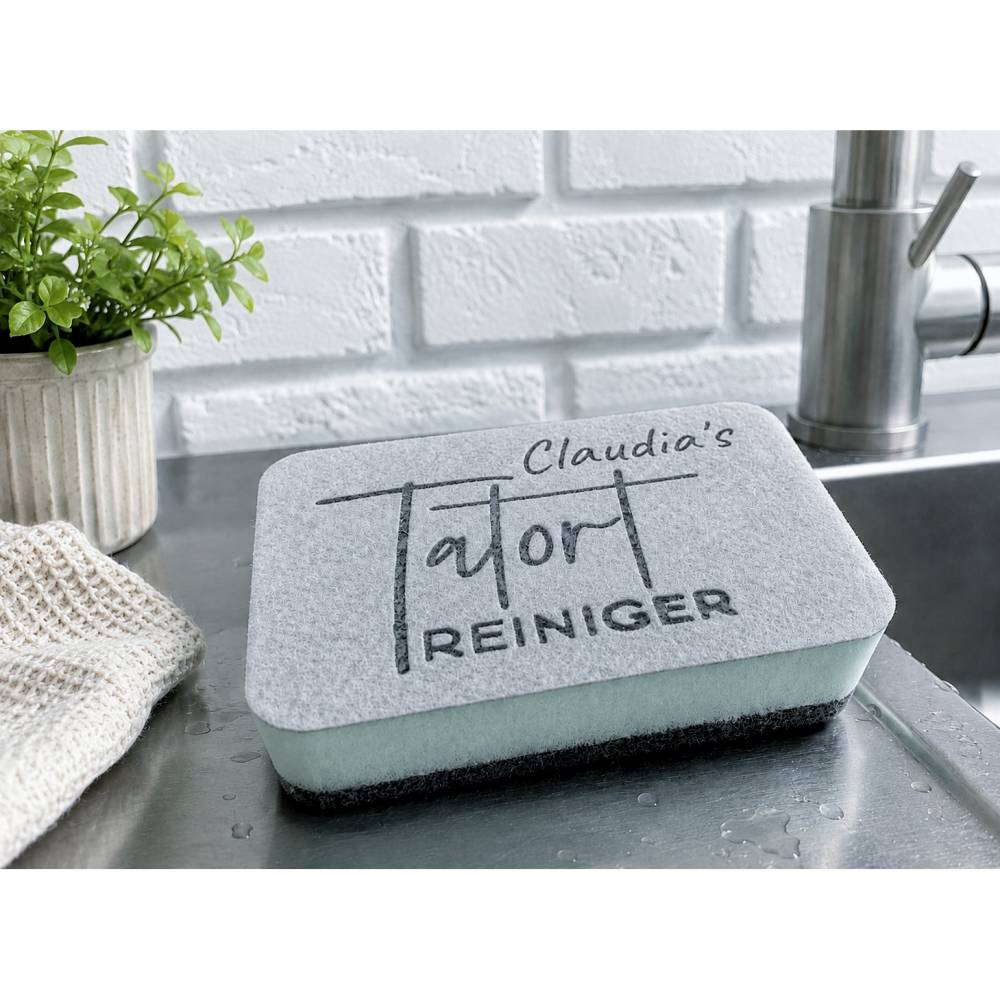 Schwamm mit Namen mit lustigem Spruch graviert, Humor in der Küche, personalisierter Spülschwamm