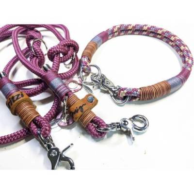 Hundehalsband aus Tau mit Karabinerverschluss | 3fach verstellbare Hundeleine 2,5m in classy bordeaux