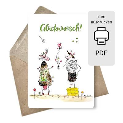 Glückwunschkarte zum Ausdrucken Kühe – Digitale Aquarellkarte als Postkarte & Klappkarte - Vorlage PDF