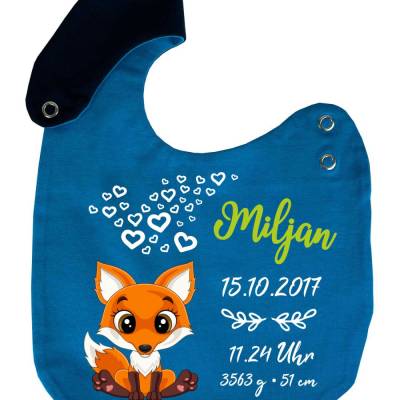 größenverstellbares Lätzchen Multicolor FUCHS personalisiert mit dem Geburtsdaten und Namen deines K