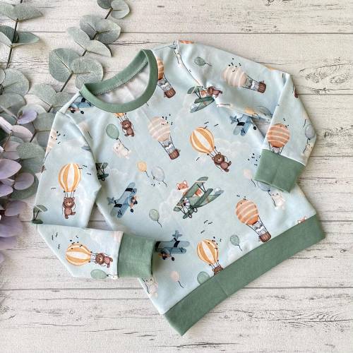 Langarmshirt mit Fliegenden Tieren für Kinder, Babyshirt mit Tieren in Flugzeug und Heißluftballon