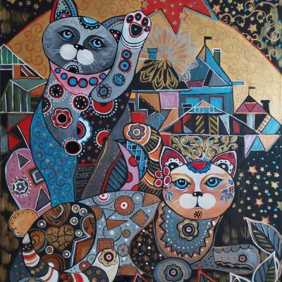 Groß Original Katzenbild mit Mond und Sterne, Acrylgemälde 60/80 cm, Magische Katzen Kunstwerk, Handgemalt auf Leinwand