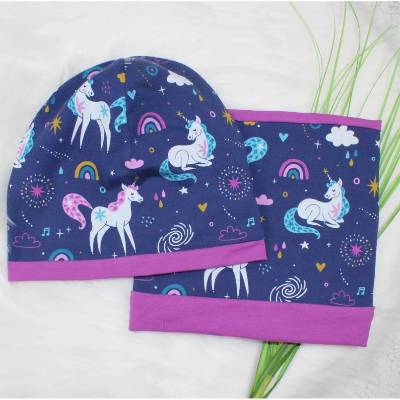 Einhorn | Beanie und Loop Set | Mütze | Mädchenmütze | Kindermütze | Regenbogen | marine | Kinderset | handgefertigt