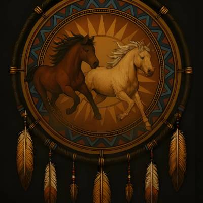 „Pferdetanz im Sonnenrad“ – Mandala mit Mustangs und spiritueller Kraft