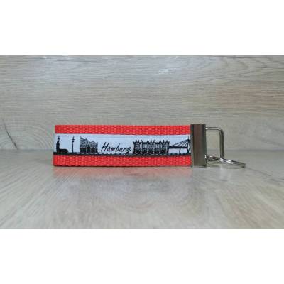 Schlüsselanhänger Hamburg Skyline – Maritimes Geschenk mit rotem Gurtband & Schlüsselring