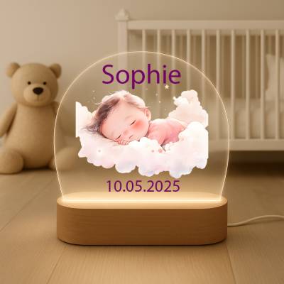 Personalisiertes LED Nachtlicht aus beleuchtetem Acrylglas Mädchen mit Name & Geburtsdatum – Geschenk zur Geburt