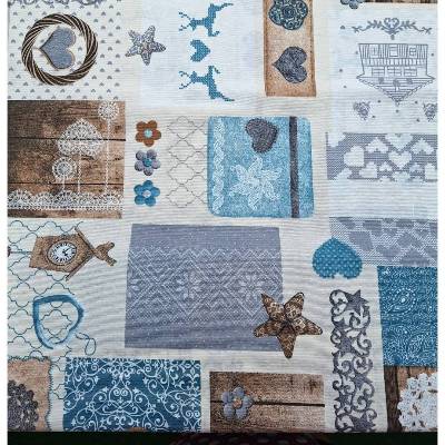 Baumwollstoff mit Landhausmotiven, Dekostoff, Breite 1,40 m, Meterware, natur,  beige, mint, grau