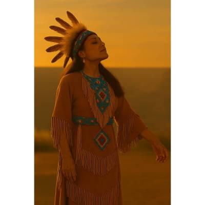 Träume erwachen im Morgenlicht – indigene Würde in Festtagskleidung