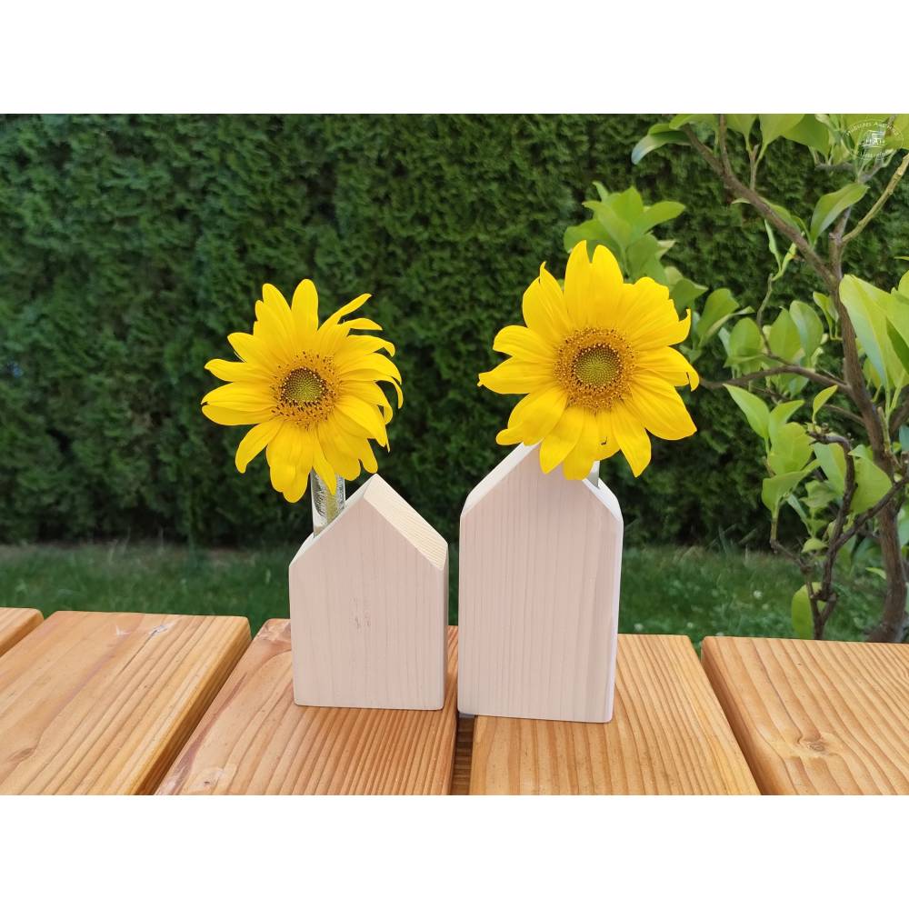 Holzvase Haus mit Reagenzglas, 2er-Set in verschiedenen Farbvarianten