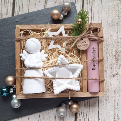 Geschenkset "Engelslicht" in einer Holzbox ~ Stabkerze mit Kerzenständer ~ Deko Engel