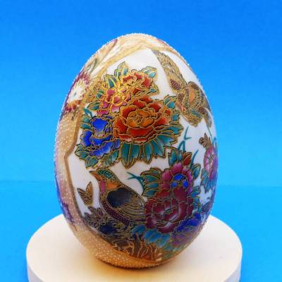 Cloisonne Ei, beige gold bunt, Vögel, Blumen, 14, 5 cm hoch, Umfang 32 cm, Osterdeko floral, Vintage
