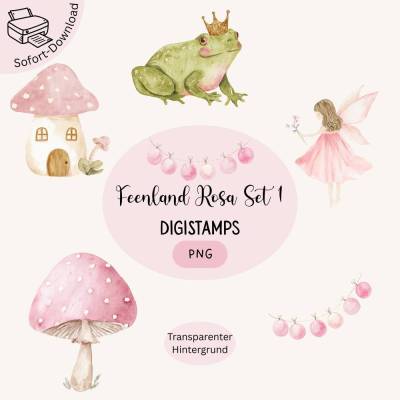 DigiStamp-Set Feenland Rosa Set 1 – fünf märchenhafte PNG-Motive für Karten, Basteln & Scrapbooking