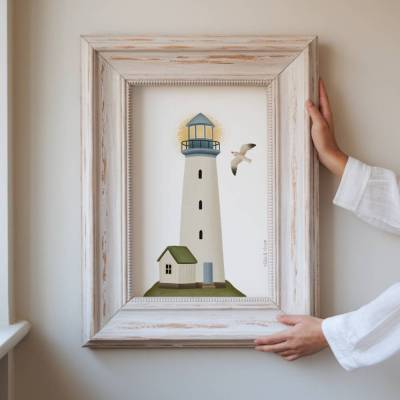 Poster Leuchtturm Nordsee Reiseprint Skandinavien - Norwegen Meer Deko Möwe Häuschen - Wanddeko Kunstdruck Norden