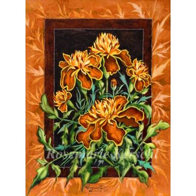 Tagetes Aquarellbild handgemalt – Unikat 40 x 30 cm Hochformat | Blumenbild
