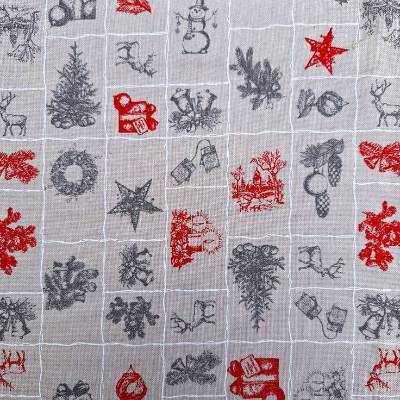 Baumwollstoff mit Weihnachtsmotiven, Weihnachtsstoff, Breite 1,40 m, Meterware, natur rot, grau, weiß