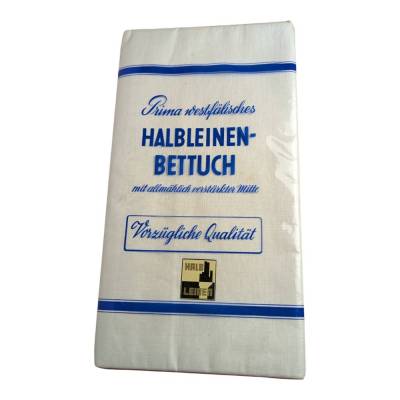 Originalverpacktes Halbleinen-Betttuch aus Westfalen – Vintage, unbenutzt, verstärkte Mitte