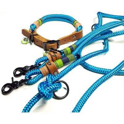 Verstellbares Hundehalsband aus Leder und Tau | 3fach verstellbare Hundeleine 2,5m in Aqua Türkis 