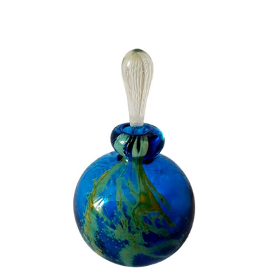 Mdina Glaskunst Malta Vintage runder Parfum Flakon, Parfümflasche 70 er Jahre - Sand und Meer Design blaue Glasflasche