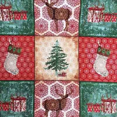 Baumwollstoff mit Weihnachtsmotiven, Weihnachtsstoff, Patchworkstoff, Breite 1,12 m, Meterware, beige, rot, grün