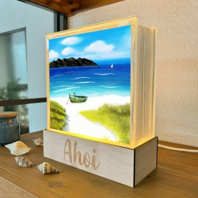 Beleuchtete Glasbaustein Lampe „Boot am Meer“ mit Wunschtext