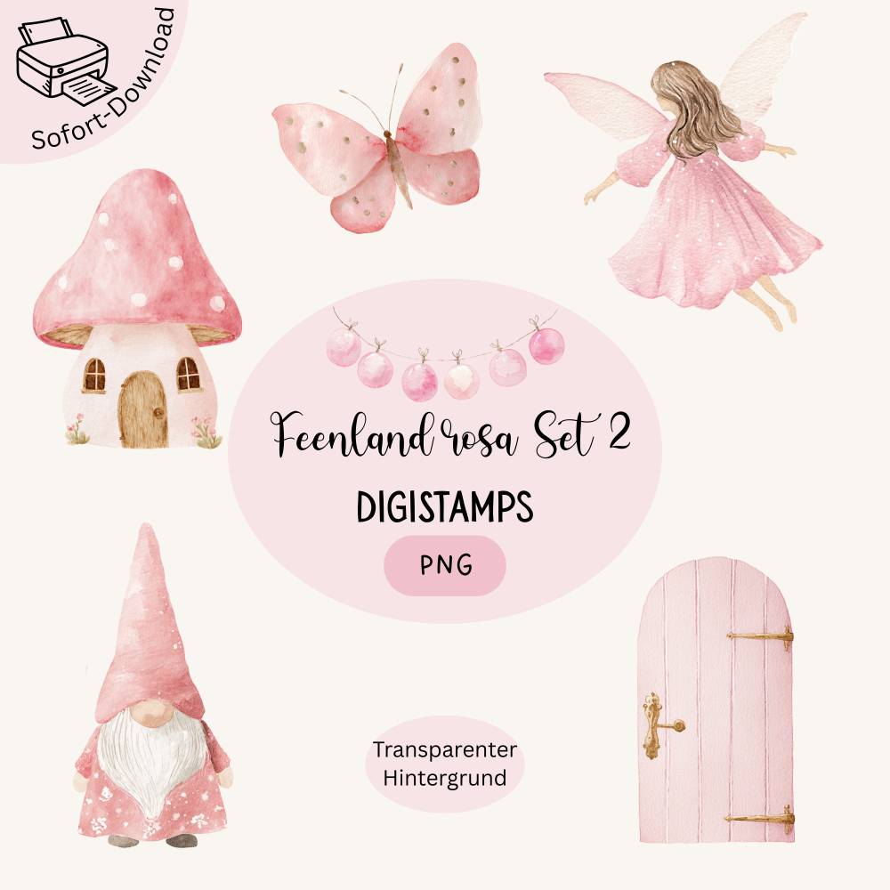 DigiStamp-Set Feenland Rosa Set 2: fünf zauberhafte PNG-Motive für Karten, Basteln & Scrapbooking Bild 1