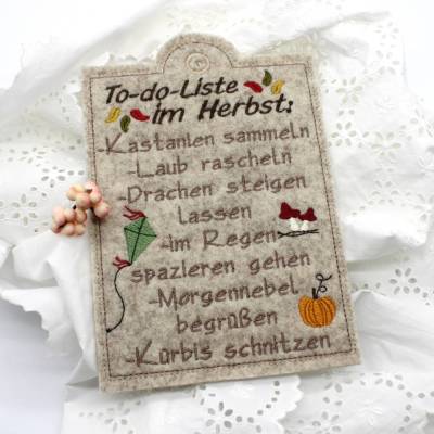Stickdatei ITH Schild Herbst Todo Liste Laub Kürbis