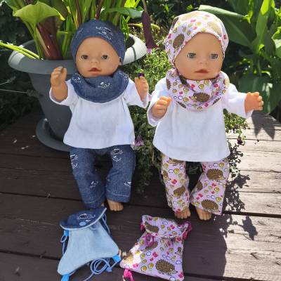 Stickdatei Puppenkleidung Baby Puppe 43cm – Set Halstuch, Mütze, Hose, Rucksack inkl. Anleitung