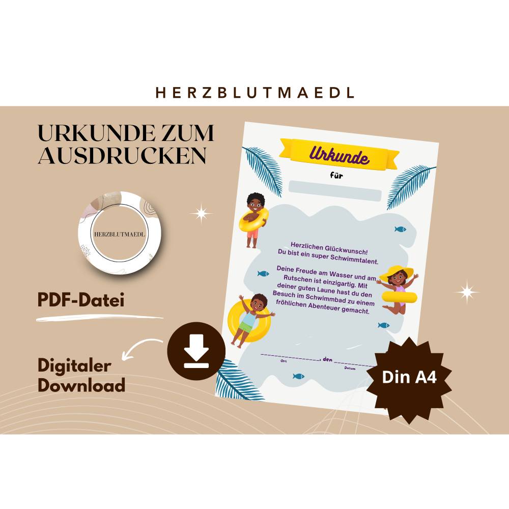 Personalisierte Kinderurkunde Schwimmbad – Einzigartiges Geschenk & Andenken DIN A4 PDF Bild 1
