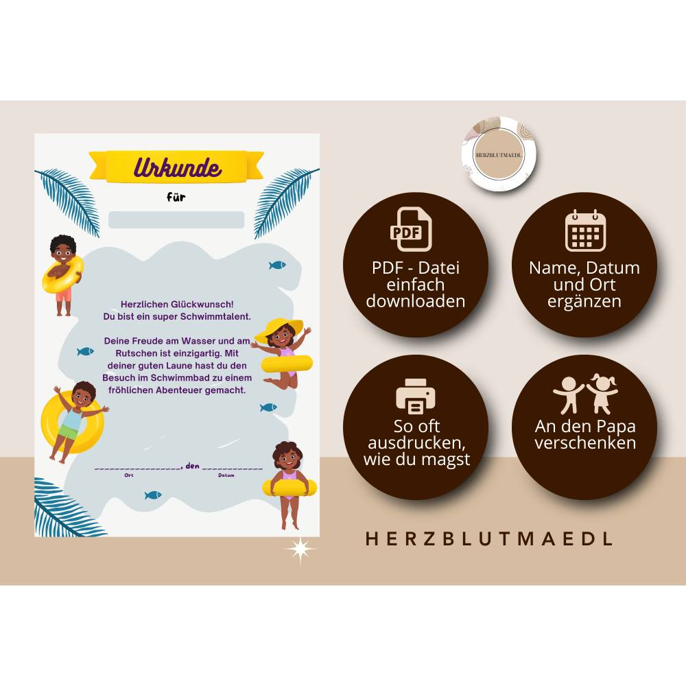 Personalisierte Kinderurkunde Schwimmbad – Einzigartiges Geschenk & Andenken DIN A4 PDF Bild 2