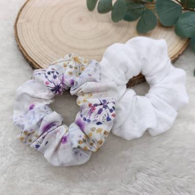 Scrunchies - Set - Haargummis * weiß lila * Musselin