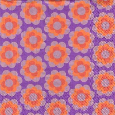 Lunchservietten Retro-Blüten auf Lila, mit 70er Jahre Fliesen-Bumen