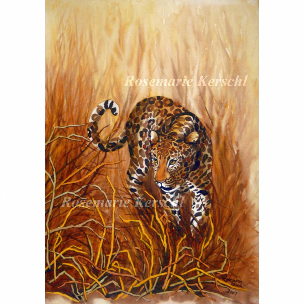 Leopard 1 Aquarellbild handgemalt 70 x 50 cm Hochformat – Unikat von Galerie Kerschl Bild 1