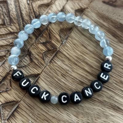 Statement-Armband „Fuck Cancer“ aus Aquamarin und 925er-Silber – Handgefertigter Mutmacher