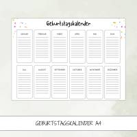 Geburtstagskalender A4 zum Ausdrucken, undatierter Jahreskalender für Geburtstage