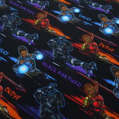 Stoff Baumwolle Jersey Marvel Black Panther Okoye Shuri Design schwarz rot blau lila orange bunt Kinderstoff Kleiderstof