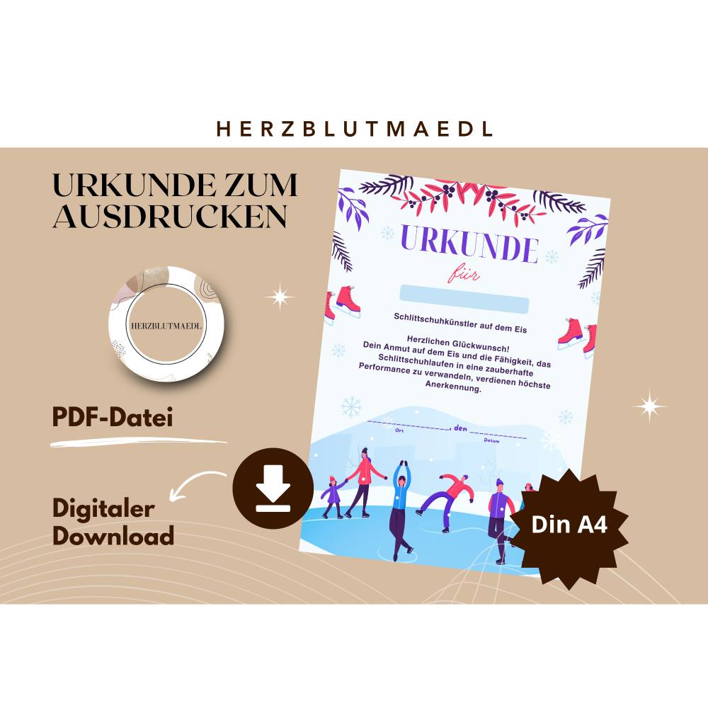 Urkunde für Kinder zum Thema Schlittschuhfahren – PDF zum Download, A4 zum Ausdrucken, personalisierte Kinderurkunde Bild 1