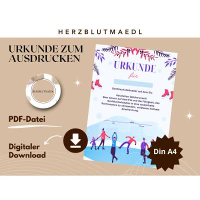 Urkunde für Kinder zum Thema Schlittschuhfahren – PDF zum Download, A4 zum Ausdrucken, personalisierte Kinderurkunde