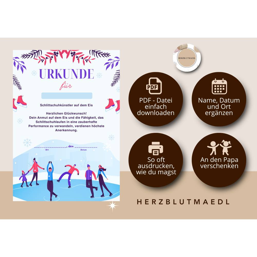 Urkunde für Kinder zum Thema Schlittschuhfahren – PDF zum Download, A4 zum Ausdrucken, personalisierte Kinderurkunde Bild 2