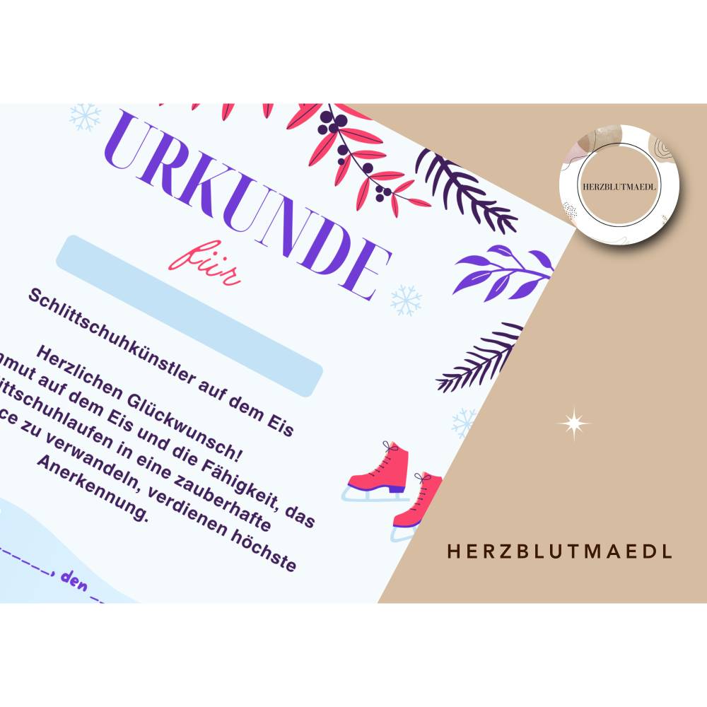 Urkunde für Kinder zum Thema Schlittschuhfahren – PDF zum Download, A4 zum Ausdrucken, personalisierte Kinderurkunde Bild 4