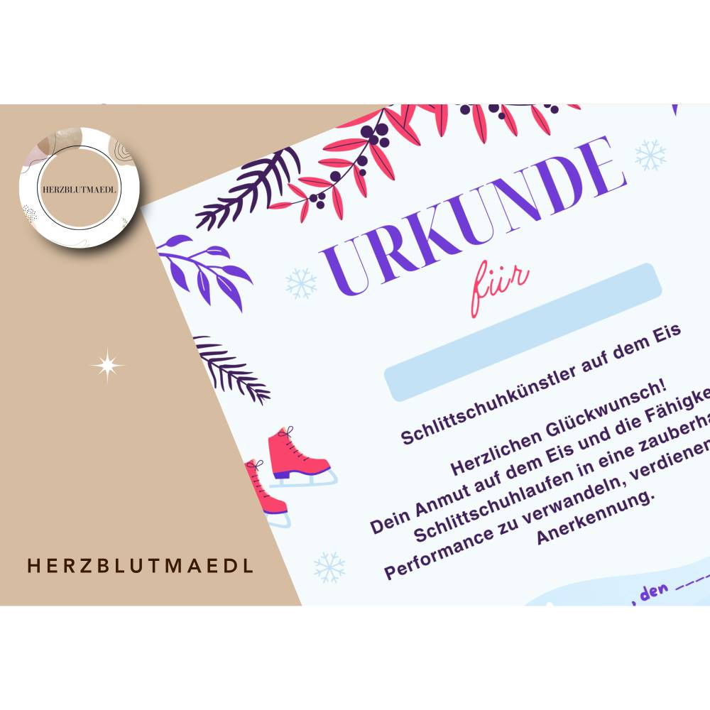Urkunde für Kinder zum Thema Schlittschuhfahren – PDF zum Download, A4 zum Ausdrucken, personalisierte Kinderurkunde Bild 5