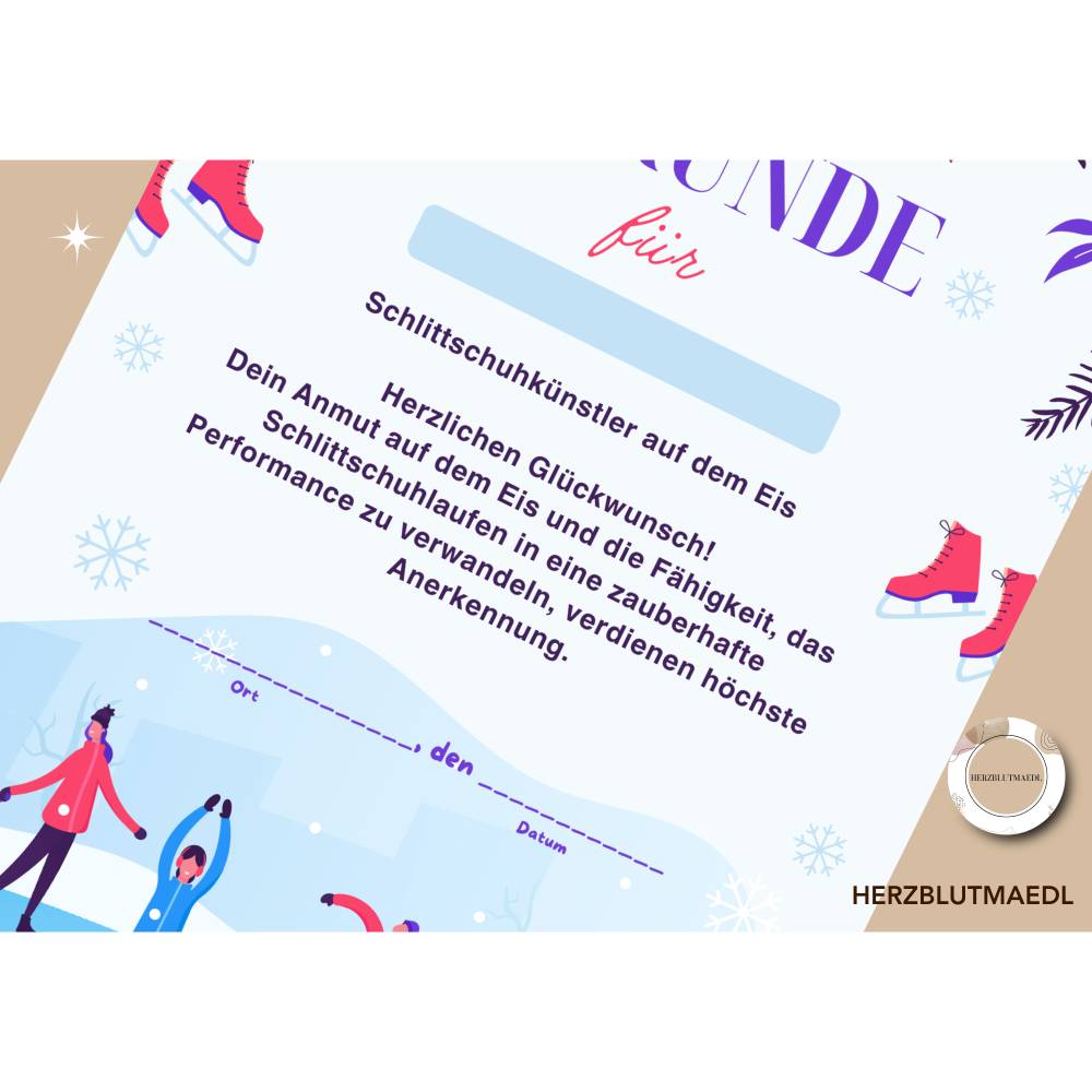 Urkunde für Kinder zum Thema Schlittschuhfahren – PDF zum Download, A4 zum Ausdrucken, personalisierte Kinderurkunde Bild 6