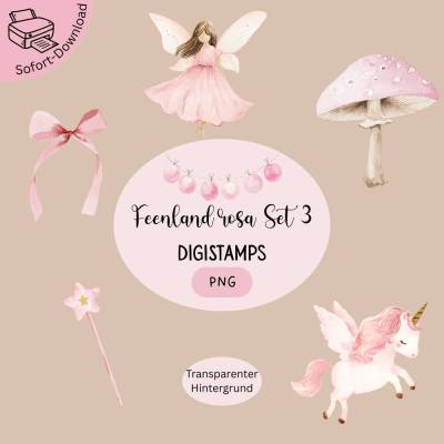 DigiStamp-Set Feenland Rosa Set 3: fünf zauberhafte PNG-Motive für Karten, Basteln & Scrapbooking