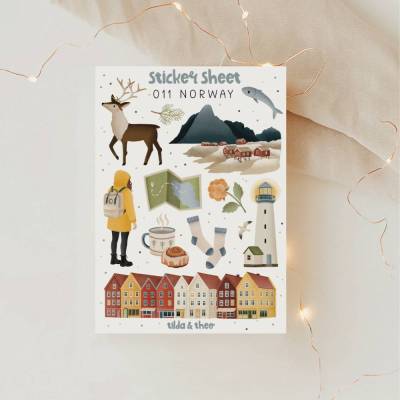Sticker Sheet Norwegen Stickerbogen Reise A6 Fjorde Häuser - Aufkleber Kalender Skandinavien - Haftpapier Bullet Journal