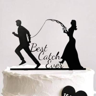 Best Catch Ever - Acryl Cake Topper Figuren für Hochzeitstorte | Schwarz Angel Topper | Lustiger Tortenstecker