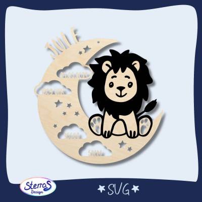 Laserdatei Geburtsmond sitzender Löwe – personalisierbares Holzschild mit Sternen und Wolken für Name & Geburtsdaten