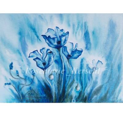 Scheinmohn Blue – Handgemaltes Aquarellbild in Blau | Unikat 32 x 24 cm Querformat
