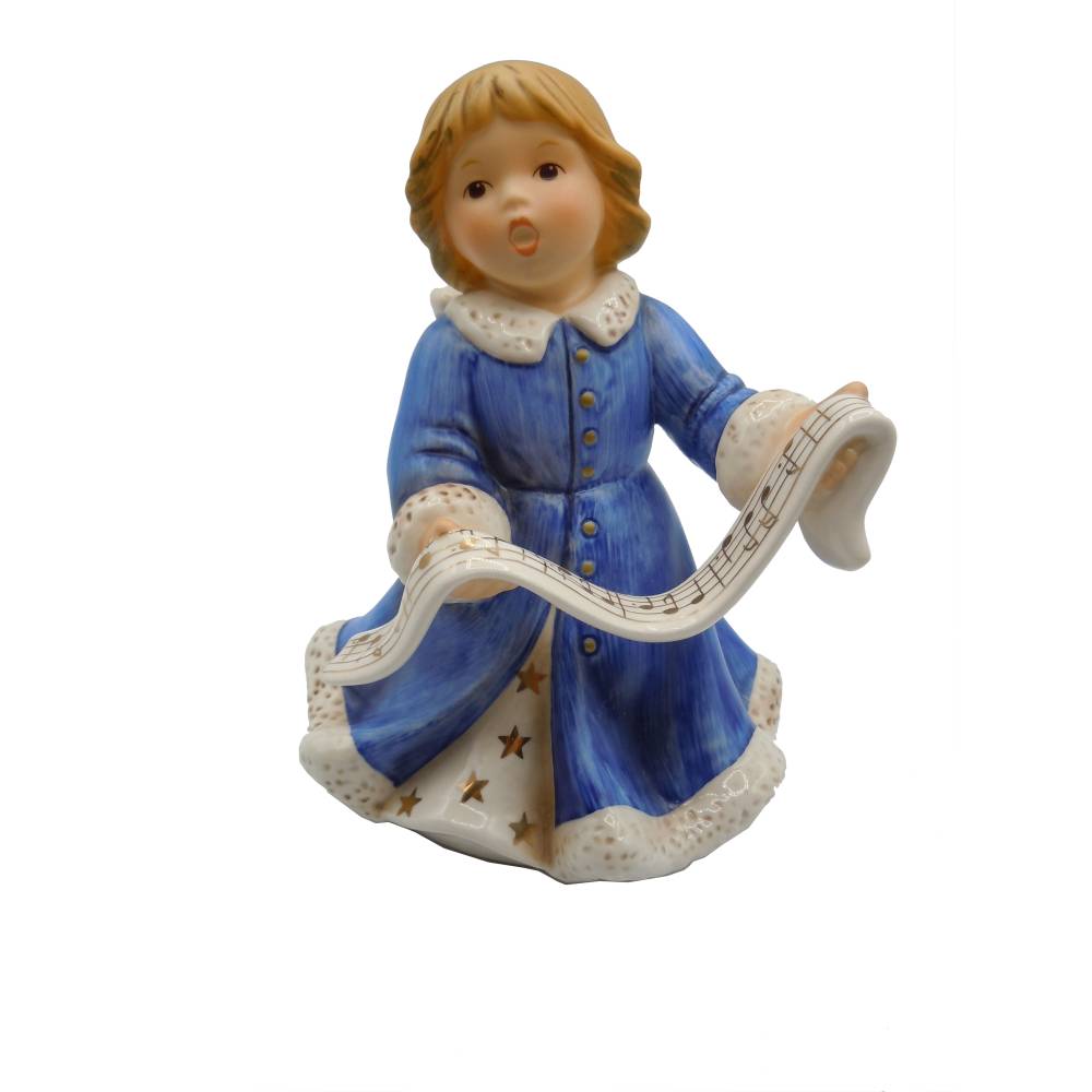 Goebel Engel mit Notenband blau/weiß – Vintage Keramikfigur, 80er/90er, 15,5 cm