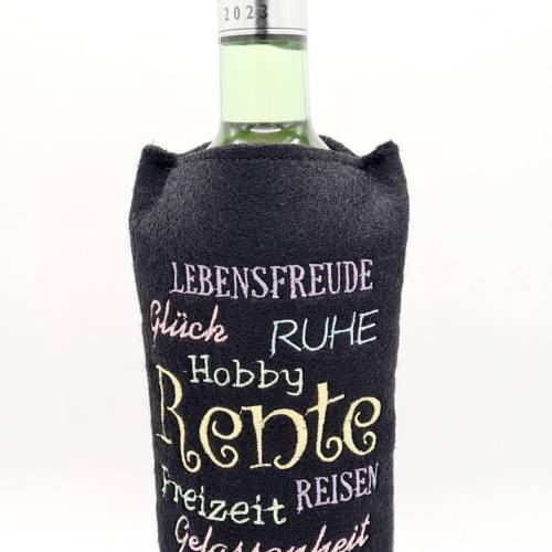 Stickdatei Weinmanschette Rente ITH – Spruch zur Rente – Stickdatei für 16x26 Rahmen