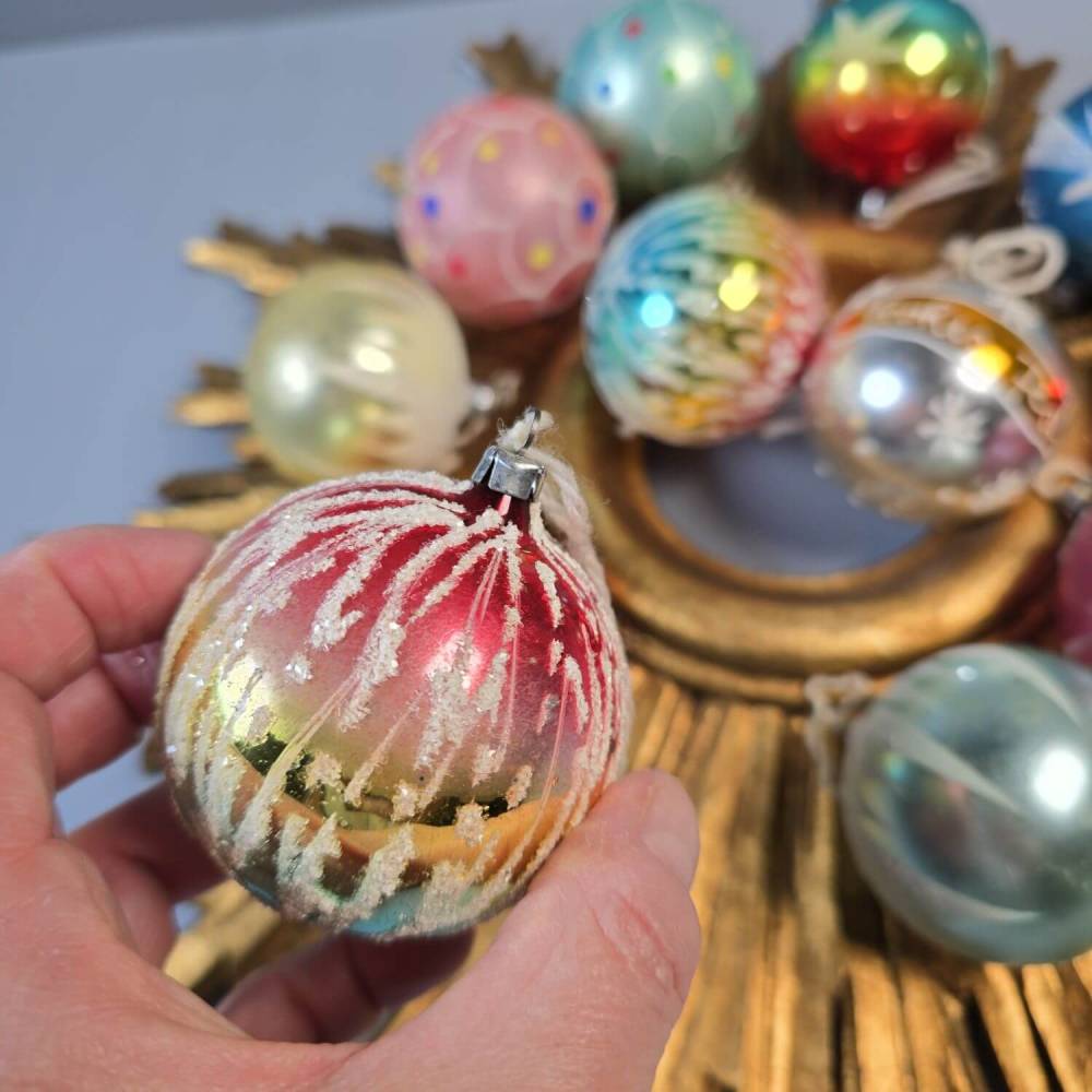 12er Set Vintage Christbaumkugeln, 1950er – mundgeblasen