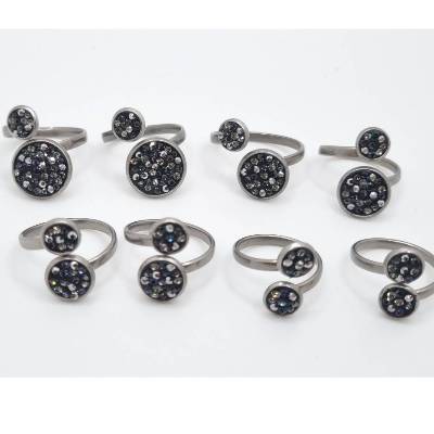 Ring Doppelring Edelstahlring mit kleine Kristallen verstellbar Schwarz Grau Graphite Light Chrome (SCR57)